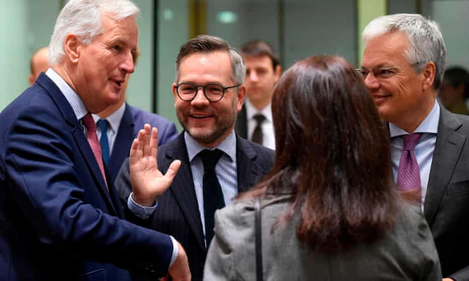 The EU’s chief negotiator, Michel Barnier (left), with Germany’s minister of state for Europe, Michael Roth (second left) and Belgium’s foreign minister, Didier Reynders (right)