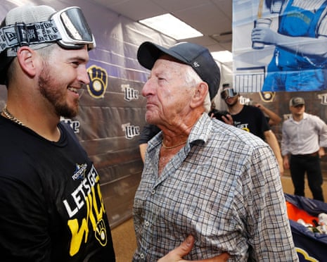 FILE: Baseball Broadcaster Bob Uecker Dies At 90<br>FILE - JANUARY 16, 2025: It was reported, Bob Uecker, the voice of the Milwaukee Brewers has died at 90. CINCINNATI, OH - SEPTEMBER 25: Yasmani Grandal #10 of the Milwaukee Brewers celebrates in the clubhouse with radio broadcaster Bob Uecker after clinching a playoff berth with a 9-2 win over the Cincinnati Reds at Great American Ball Park on September 25, 2019 in Cincinnati, Ohio. (Photo by Joe Robbins/Getty Images)