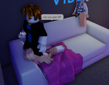 A male avatar sitting on the face of a female one