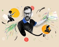 An illustration two guitarists jumping around a cutout photograph of Tim Dowling, with a background of different coloured circles and pen strokes