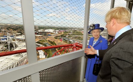 Boris Johnson and the Queen looking at the Olympic Stadium from the top of the ArcelorMittal Orbit tower in July 2012.
