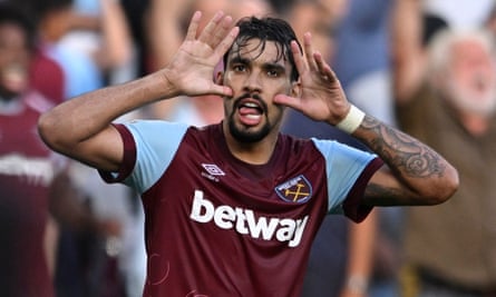 Lucas Paquetá celebrates after scoring West Ham’s third goal from the penalty spot.