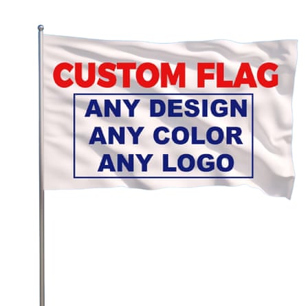 A white flag with the words CUSTOM FLAG in red and ANY DESIGN ANY COLOR ANY LOGO in blue.