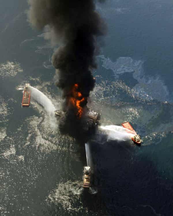 The Deepwater Horizon oil rig burning after an explosion in the Gulf of Mexico in April 2010.