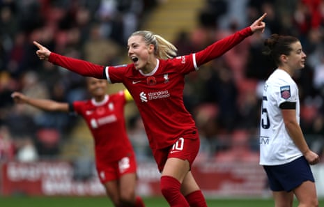 Sophie Roman Haug of Liverpool celebrates after scoring the team's first goal versus Tottenham