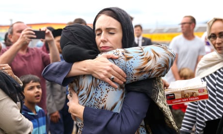Jacinda Ardern gives out a hug in March 2019 after the Christchurch mosque attacks. The New Zealand prime minister’s response to the killings was a defining moment in her premiership.