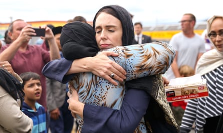 New Zealand prime minister Jacinda Ardern hugs a woman at Kilbirnie mosque in Wellington in March 2019 after the Christchurch mosques attack.