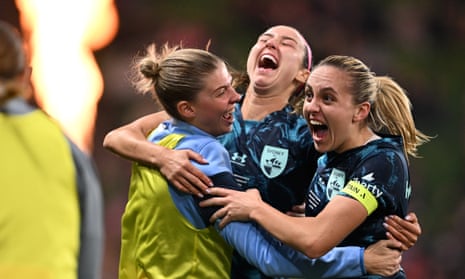 Shea Connors rejoices with Sydney FC teammates after her winning goal in the A-League Women Grand Final 