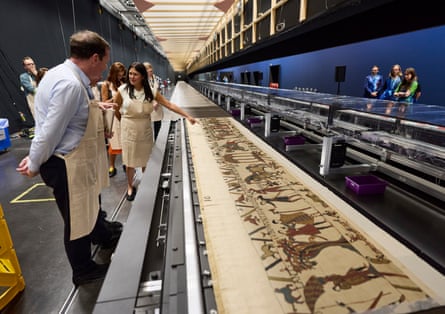 The Labour MP Lisa Nandy, accompanied by the British Museum chair, George Osborne, views the tapestry