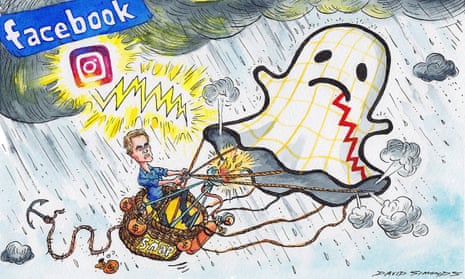 Cartoon of Evan Spiegel using a Snapchat ghost as a hot-air balloon, flying through a heavy storm