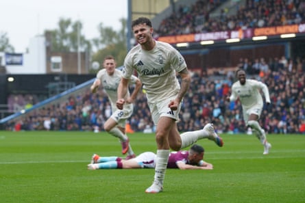 Neco Williams wheels aways after giving Nottingham Forest an early lead against Burnley.