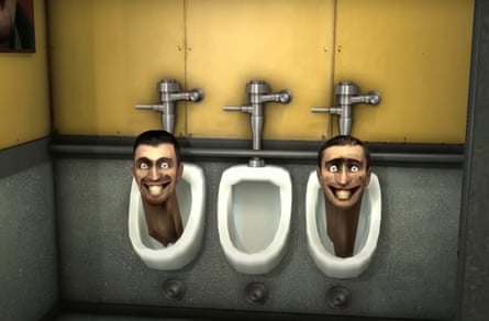 two heads pop out of toilet bowls