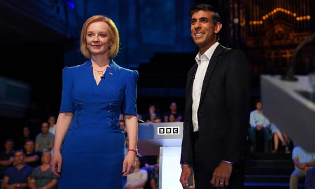 Liz Truss and Rishi Sunak take part in the BBC's The UK's Next Prime Minister: The Debate in Stoke-on-Trent, central England, on 25 July 2022.