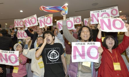 Anti-nuclear protestors demonstrate at the prefectural assembly session in 2014 which agreed to resume nuclear power generation the Sendai plant near Satsumasendai.