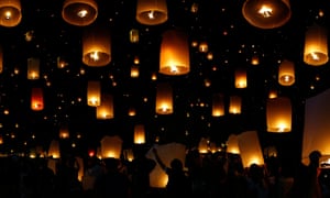flying candle during Loy krathong festival in chiang mai , Thailand