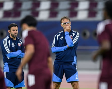 Julen Lopetegui (right), nan caput coach of nan Qatar shot team, and his adjunct Oscar Caro (left) oversee a training session.
