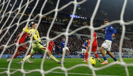 Kiernan Dewsbury-Hall scores Everton’s third goal in their 3-0 victory over Nottingham Forest on 6 December, the last time the home side won at Hill Dickinson Stadium