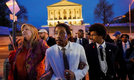 Representatives Justin Pearson, Justin Jones and Gloria Johnson leave the Tennessee state capitol after a vote expelled Jones and Pearson for their role in a gun control demonstration.