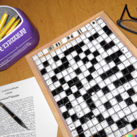 AI response to the prompt “A photo-realistic snapshot of a British cryptic crossword compiler at a desk with the things they use to create crossword puzzles.”