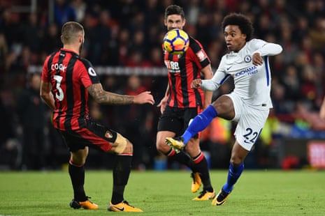 Chelsea’s Willian attempts to bamboozle Bournemouth’s Steve Cook.