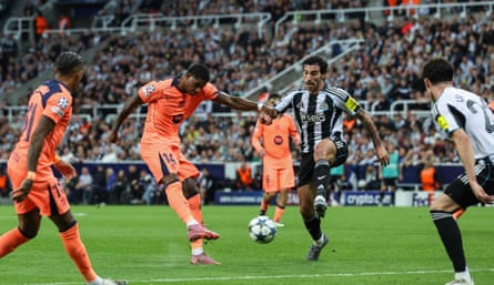 Barcelona’s Marcus Rashford scores his side’s second goal against Newcastle in the Champions League game at St James’ Park