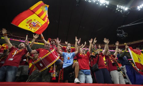 Spain's supporters cheer prior to the start of the World Cup group E soccer match between Spain and Germany, at the Al Bayt Stadium in Al Khor
