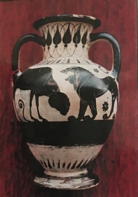 The Greek amphora, a jar decorated with black figures including sphinxes and a lion