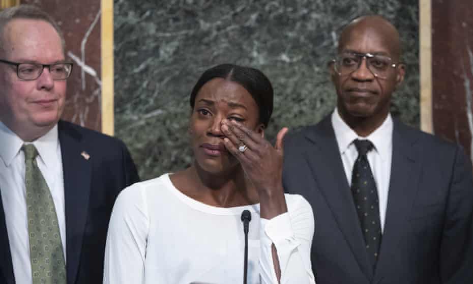 Alysia Montaño, the American middle-distance runner, wipes away tears as she tells of how she was cheated out of a medal at the 2012 Olympics by two drug-taking Russians.