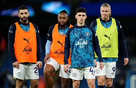 Manchester City's Rayan Ait-Nouri (left), Antoine Semenyo (second left), Phil Foden (second right), and Erling Haaland during the warm up.