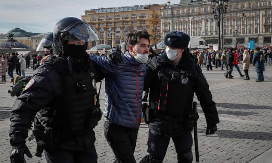 A man is detained by Russian police after an  unauthorised rally against the invasion of Ukraine in  Moscow on Sunday.