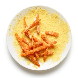 You don’t have to roll the coated sweet potatoes in cornmeal, but it adds a lovely crunch to the end result
