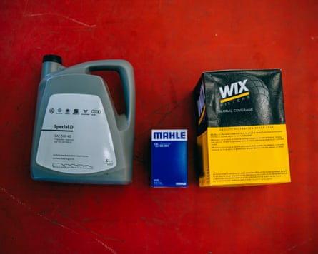 A 5-litre container of motor oil and filters.
