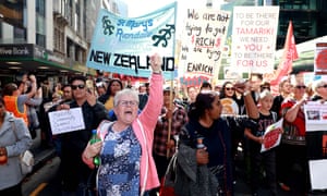 Thousands of teachers, parents and schoolchildren march up Queen Street as they protest in Auckland, New Zealand.