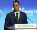 Spain's PM Pedro Sánchez gives a speech about social media bans at the World Governments Summit in Dubai.