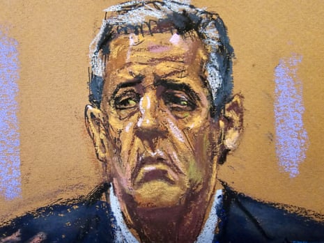 Michael Cohen is cross-examined by defense lawyer Todd Blanche in this courtroom sketch.
