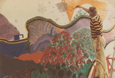 The Road to the Studio, 1980This famous work, more than 6m wide, captures Hockney’s daily commute from his Hollywood Hills home to his studio on Santa Monica Boulevard. Vividly coloured, it has a dynamic, epic quality, a love letter from the artist to the California landscape, from hillside homes and swimming pools to the Los Angeles sprawl.