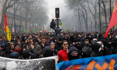 Protesters in Paris march in support of the rail strike on 3 April.