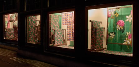 Fabric on display in the windows of the Liberty department store in London