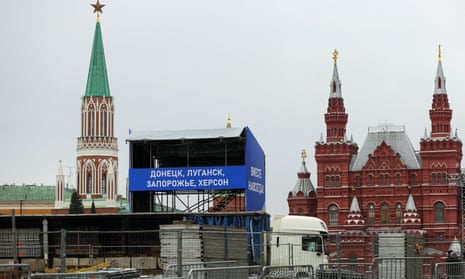 A view shows banners and constructions ahead of an expected event, dedicated to the results of referendums on the joining of four Ukrainian self-proclaimed regions to Russia, near the Kremlin Wall and the State Historical Museum in Red Square in central Moscow, Russia September 28, 2022. Banners read: “Donetsk, Luhansk, Zaporizhzhia, Kherson. Together forever!”