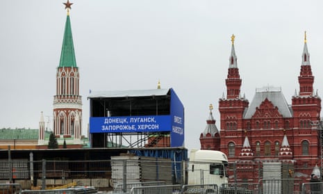 A view shows banners and constructions ahead of an expected event, dedicated to the results of referendums on the joining of four Ukrainian self-proclaimed regions to Russia, near the Kremlin Wall and the State Historical Museum in Red Square in central Moscow, Russia September 28 , 2022. Banners read: “Donetsk, Luhansk, Zaporizhzhia, Kherson. Together forever!”