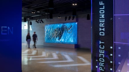 A model of a mammoth encased in a vitrine simulating tundra as two people walk by and a nearby sign says ‘Project Direwolf’