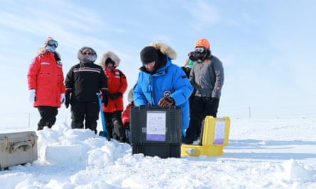 Florent Domine, in a blue jacket, teaches students about ‘shrubification’, the expansion of shrubs across the Arctic due to warming temperatures, in Cambridge Bay, Nunavut.