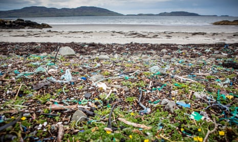 Waste plastic washed up on Kilninian beach, Isle of Mull, Scotland.