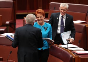 Mitch Fifield, Pauline Hanson and Malcolm Roberts