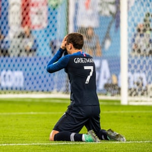 France’s Antoine Griezmann celebrates at the final whistle of the semi-final against Belgium at the St Petersburg Stadium.