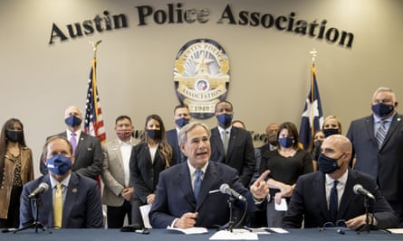 Greg Abbott speaks at a news conference before signing a ‘Texas backs the blue pledge’ at the Austin Police Association, 10 September 2020.