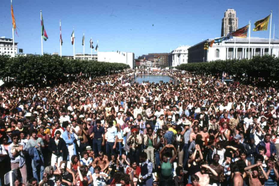 A view from the stage in front of San Francisco City Hall at the 1978 Gay Freedom Day Parade. The two rainbow flags can be seen flying in the distance.