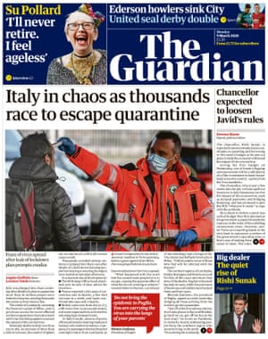 Guardian front page, Monday 9 March 2020