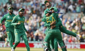Pakistan players beating India by 180 runs to win the ICC Champions Trophy final