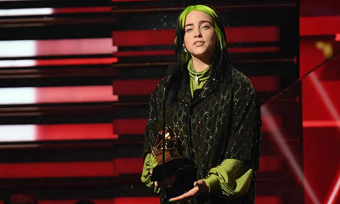 Billie Eilish accepts the best new artist award at the Grammys in Los Angeles.